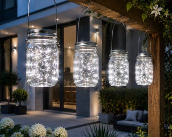 Solar Mason Jar Laternen | Hängende Outdoor Lichterkette | Warme weiße Gartendekoration | Terrassenbeleuchtung | Hofdekoration