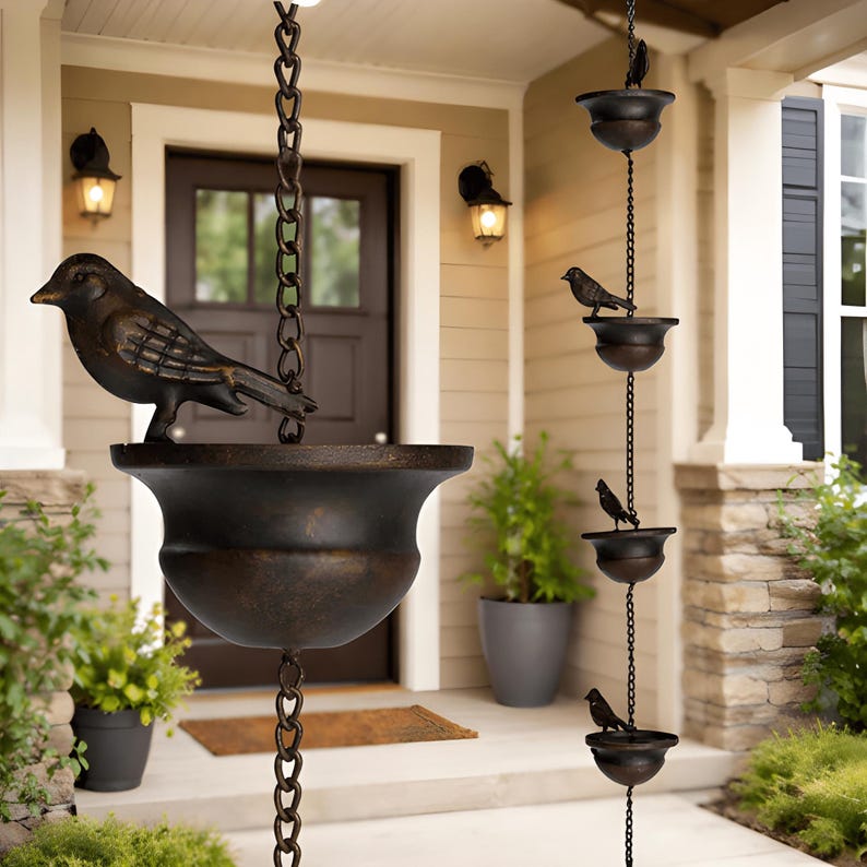 Water Chain Feature Bird Rain Chain Downspout | Metal Decorative Rain Chain | Garden Water ...