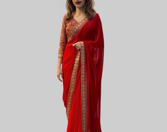 Elegant Georgette Saree with Heavy Embroidery & Stonework