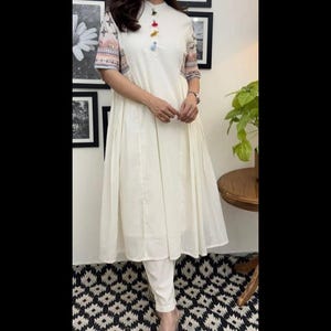 White Cotton Anarkali Kurti Pant Set: Sequined Pakistani Wedding Gown