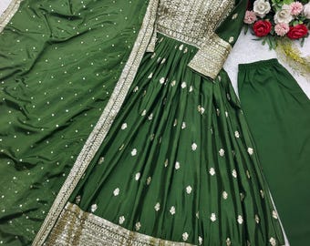 Embroidered Cotton Silk Anarkali Suit in Parrot Green - Etsy Embroidered Cotton Silk Anarkali Suit in Parrot Green - Etsy