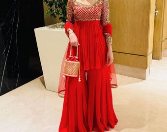 Red Georgette Sharara Suit, Full Embroidery, Indian Party Wear