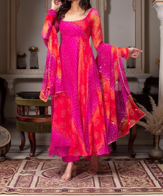 knee length dresses for ladies Buy Pink And Red Ombre Silk Palazzo Suit With Bandhani Print| KALKI Fashion  India