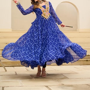 Blue Bandhani Anarkali Gown | Kutchi Patchwork, Navratri Garba Dress
