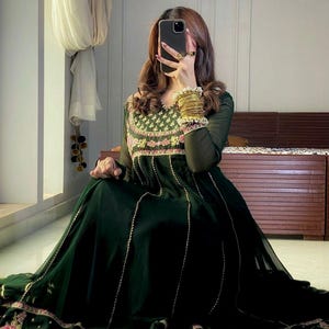 Dark Green Anarkali Gown Pant with Embroidered Dupatta | Sequins Work | Indian Ethnic Partywear | Fully Stitched Gown, Festive Indian Gown.