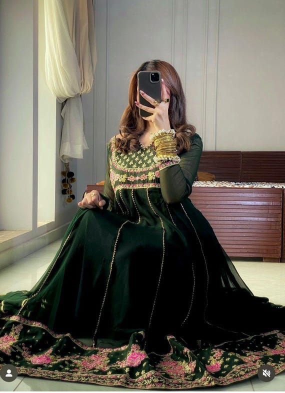 Dark Green Embroidered Anarkali Gown with Dupatta | Indian Partywear