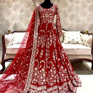 Maroon Embroidered Pakistani Bridal Gown: Silk Anarkali Dress with Net Dupatta
