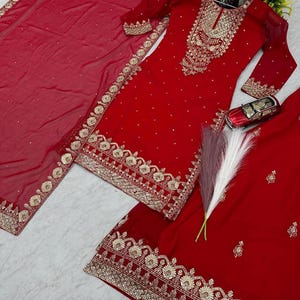 Red Pakistani sharara suit georgette full stiched sharara indian ethnic wear sharara party wear suit set maroon sharara with dupatta Set.