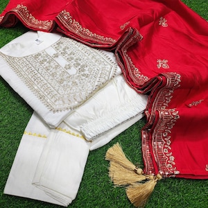 Bestickte römische Seide Kurta Hose Dupatta Set - indisches Hochzeitskleid