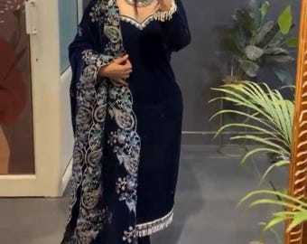 Blue Velvet Embroidered Pakistani Suit – Partywear Indian Dress