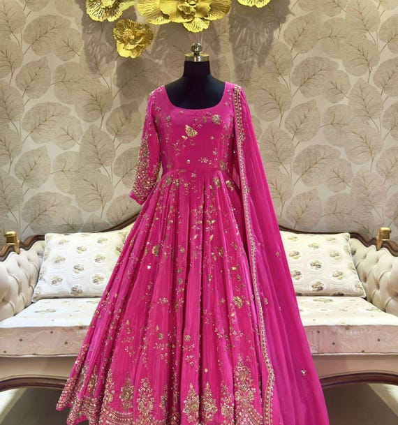 HOT ! Embroidery Pink Long Anarkali Dress Chinon Silk Pink Long Anarkali Suit For Women Hot Pink M HOT ! Embroidery Pink Long Anarkali Dress Chinon Silk Pink Long Anarkali Suit For Women Hot Pink M