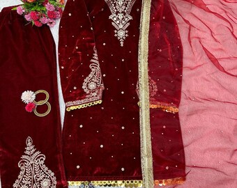 Red Velvet Embroidered Punjabi Suit, Party Wear Salwar Kameez