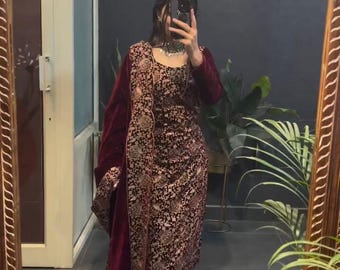 Maroon Velvet Embroidered Pakistani Suit - Party Wear Indian Dress