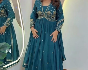 Teal Blue Embroidered Dola Silk Anarkali Gown Set with Dupatta