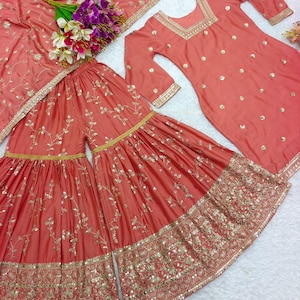Pakistani Designer Party Wear Orange Sharara Set with Dupatta for Women, Pakistani Suit, Top-Palazzo set, Indian Ethnic Suit, Wedding Outfit