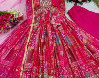 Pink Cinon Silk Anarkali Kurti Set: Embroidered Wedding Party Dress