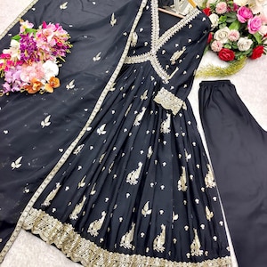 Blue & Black Embroidered Anarkali Gown Set Cinon Silk  with Embroidered Dupatta, Salwar kameez, Party Wear Floor Length Dress with Dupatta.