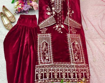 Red Velvet Embroidered Punjabi Suit, Party Wear Salwar Kameez