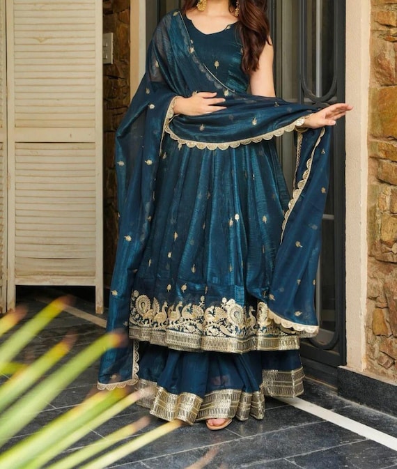 Teal Blue Embroidered Anarkali Gown with Dupatta | Indian Silk Dress