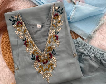 Embroidered Kurti Pant Dupatta Set - Indian Zardosi Work, Organza Dupatta