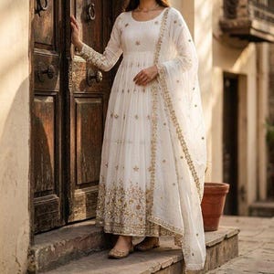 silk white anarkali dress Off-White Silk Anarkali with Embroidered Jacket