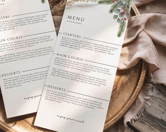 Elegant Christmas Menu Template: Winter Greenery Design (Editable Canva Printable)