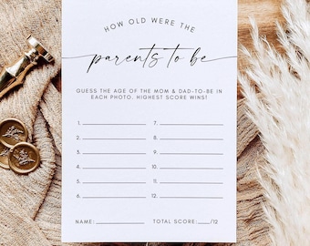 How Old Were The Mom And Dad To Be Game, Baby Shower Game Cards, Simple Hearts Baby Shower Activity, Baby Guessing Game Card, Editable Canva