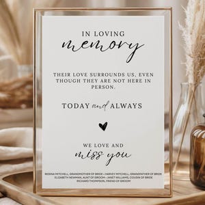 May include: A framed sign with the words "IN LOVING memory" in elegant script. The sign includes the phrases "THEIR LOVE SURROUNDS US" and "WE LOVE AND miss you." Names are listed at the bottom. The frame is gold.