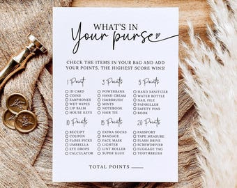 What's in Your Purse Bridal Shower Game Template, Wedding Shower Game, Minimalist Modern, Engagement Party Game, Canva Editable, 5x7 A4 8x10