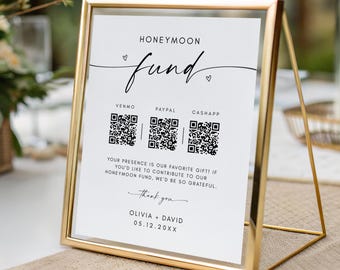 Honeymoon Fund Sign, Honeymoon QR Code Sign, Payment Sign, Honeymoon Fund Signs, Canva Editable Minimalist Wedding Cash Gift, Printable