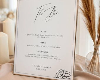 Wedding Bar Menu Template, Editable Drink Sign, Editable Bar Sign, Minimalist Wedding Bar Menu, Canva Printable, 5x7, 8x10, 8.5x11 A4