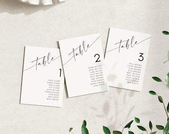 Wedding Seating Chart Template, Table Number Cards with Guest List, Minimalist Script Seating Plan, Canva Editable, 4x6 5x7 8x10 A5
