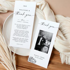 May include: Two white wedding welcome and thank you cards. The first card has the text "WELCOME & Thank you" and a message. The second card has a photo of a couple and the text "Thank you".