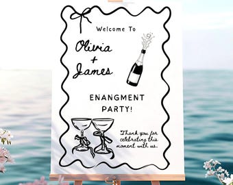 Engagement Party Welcome Sign: Champagne, Black & White (Editable Canva Template Printable Digital Download)