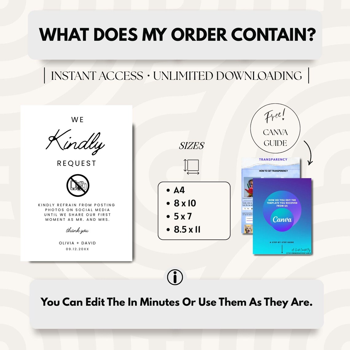 Kindly Sign First Key Control We Kindly Request No Photo Sign Template, Minimal Wedding Sign, No ...