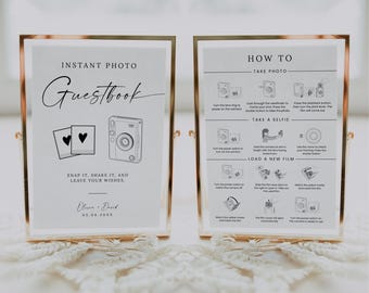 Letrero de instrucciones para Instax Mini Evo, letrero de mesa para libro de visitas de fotos Polaroid, cómo cargar la película, letrero moderno para libro de visitas de boda, imprimible en Canva