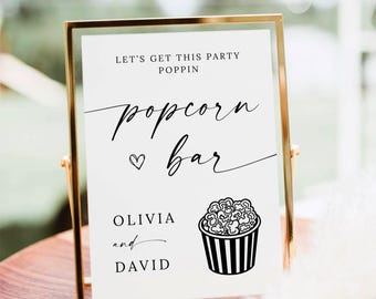 Popcorn Bar Sign, Minimalist Wedding Popcorn Station Sign, Bridal Shower Popcorn Bar Sign, Baby Shower, Popcorn Station Sign, Canva Editable