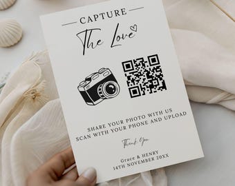 Capture The Love QR Code Editable Wedding Card, Modern Minimalist Wedding Photo Card, Printable Capture the Love Card, Share the Love Cards