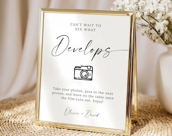 Disposable Camera Wedding Sign Template, Can't Wait to See What Develops Sign, Modern Minimalist, I Spy Photo Game Sign, Canva Editable