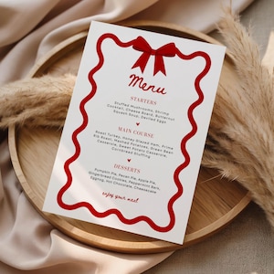 Utskrivbar julmenymall, röd rosett, elegant julmiddag (redigerbar Canvas-utskrift)