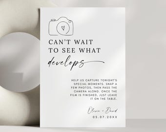 Plantilla de letrero de cámara desechable para boda, minimalista y moderno, "No puedo esperar a ver qué sucede", decoración de mesa para boda, editable, tamaño A4, 5 x 7 x 8 x 10 pulgadas.