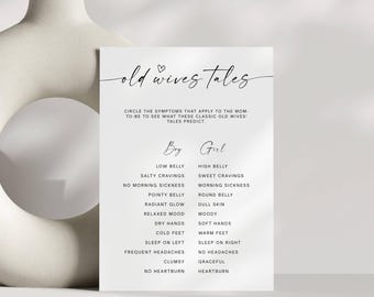 Old Wives Tales Baby Shower Game Printable, Gender Prediction Game Card, Minimalist Baby Shower Activity Card Game, Editable Canva Template