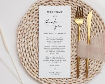 Thank You Place Card, Wedding Table Thank You Note, Editable Thank You Napkin Note, Minimalist Modern, Editable Canva Template, 4x8, 4x9