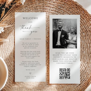 May include: Two white rectangular wedding program cards with black text. The left card reads Welcome and Thank you, Dear Family + Friends, and includes a message from Olivia and David dated 05.02.20XX. The right card features a black and white photo of a couple and a QR code.