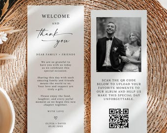 Modern Thank You Place Card with qr code, Minimalist Wedding Table Thank You Note, Editable Thank You Napkin Note, Editable Canva Template