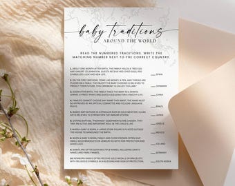 Baby Traditions Around the World, Baby Shower Game Template, Minimalist Modern, Gender Neutral Shower Activity, Canva Editable Printable