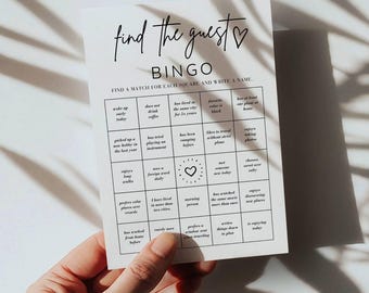 Find the Guest Bingo, Wedding Shower Games, Printable Bridal Shower fun Games, Get to Know You Game,  Minimalist, Canva editable 5x7 8x10 A4