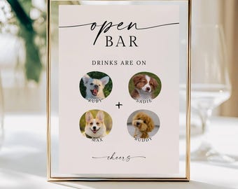 Minimalist Open Bar Drinks On Us Dog Wedding Sign, Modern Pet Signature Drink Sign, Printable Pet Bar Menu Sign, Canva Editable Template