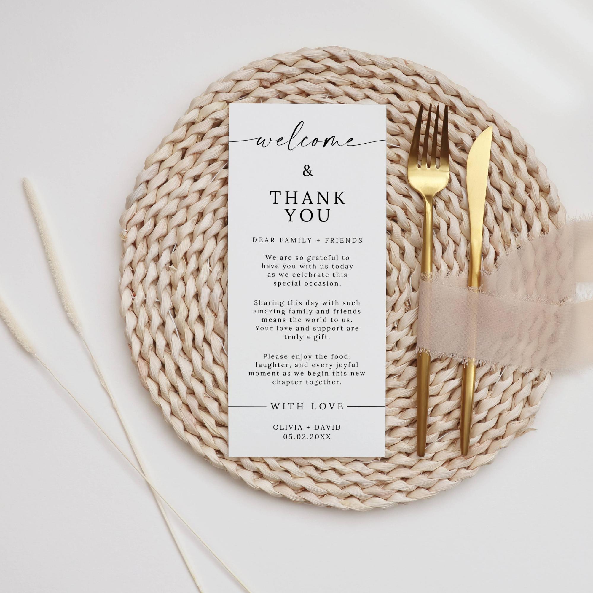 Minimalist Wedding Thank You Card Template, Printable Place Setting ...