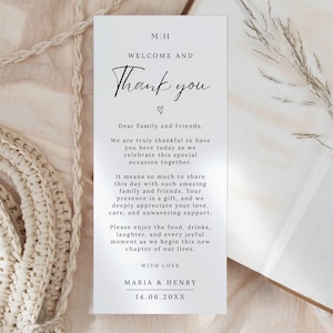 May include: A white welcome and thank you card with the initials "MH" at the top. The card includes a handwritten "Thank you" and a message to family and friends. The date "14.06.20XX" is at the bottom.